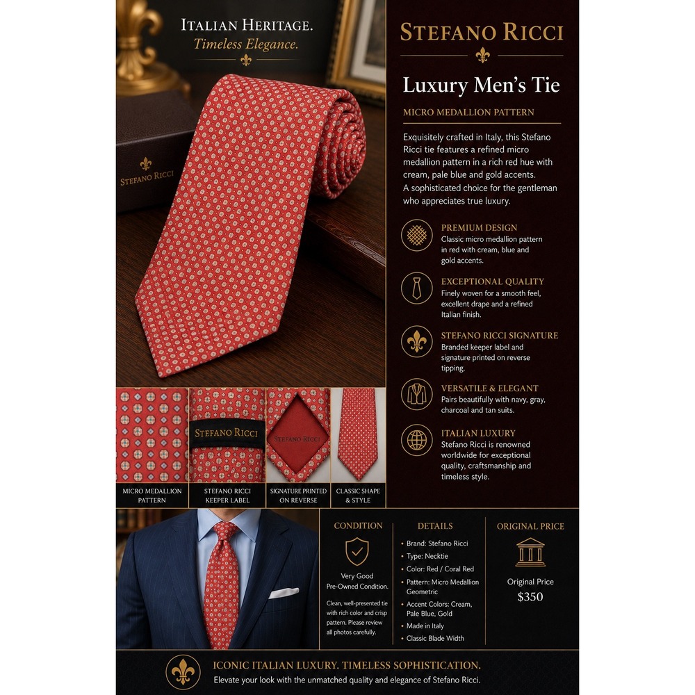 Stefano Ricci Red Geometric Medallion Silk Tie Italy Luxury Original Price $350